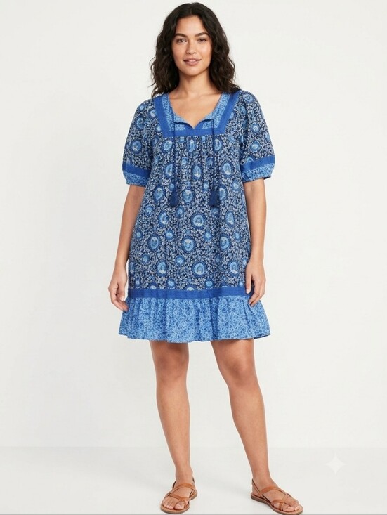Old Navy Dresses & Skirts - Old Navy Blue Floral Peasant Babydoll Mini Dress Size Sm Boho Cotton Puff Sleeve